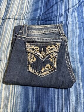 Miss Me Dark Blue Boot Cut Jeans with Gold Embroidered Pocket